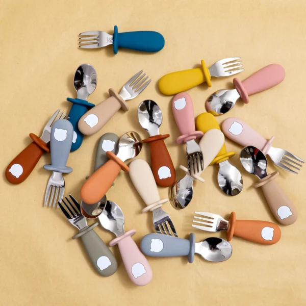 New Design Baby Feeding Solid Food Spoon Fork Set BPA Free Silicone Handle Cartoon Bear Stainless Utensil Children's Tableware - Image 2
