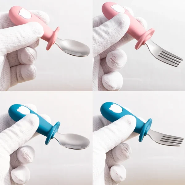 New Design Baby Feeding Solid Food Spoon Fork Set BPA Free Silicone Handle Cartoon Bear Stainless Utensil Children's Tableware - Image 4