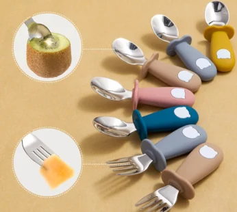 New Design Baby Feeding Solid Food Spoon Fork Set BPA Free Silicone Handle Cartoon Bear Stainless Utensil Children’s Tableware