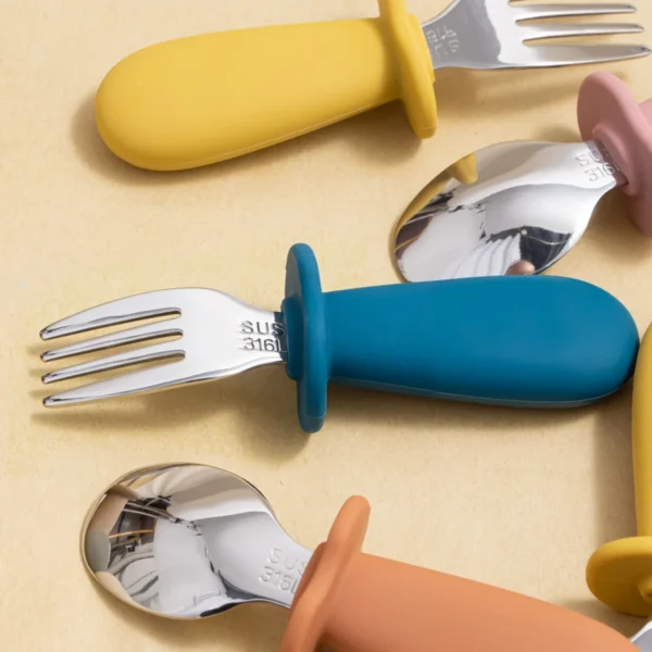 New Design Baby Feeding Solid Food Spoon Fork Set BPA Free Silicone Handle Cartoon Bear Stainless Utensil Children's Tableware - Image 3