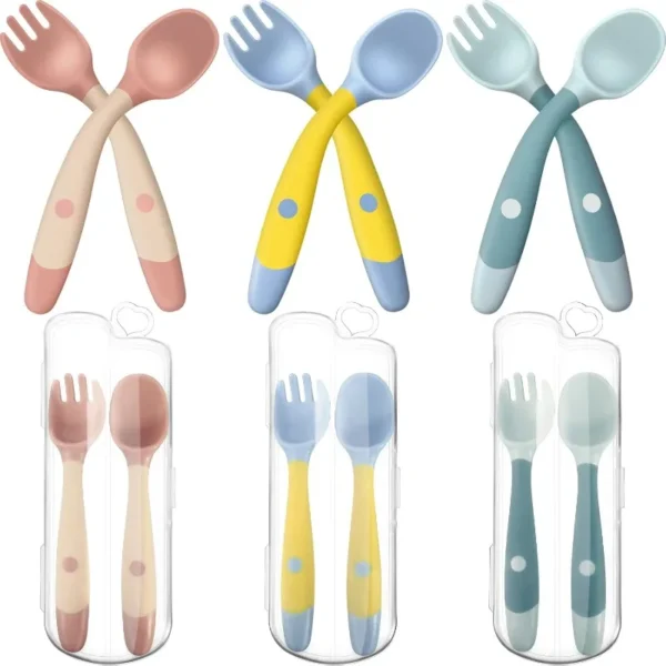Hot Toddler Utensils Baby Spoons and Forks Set with Case Bendable Self Feeding Training Flatware Silicone Spoon Fork for Babies