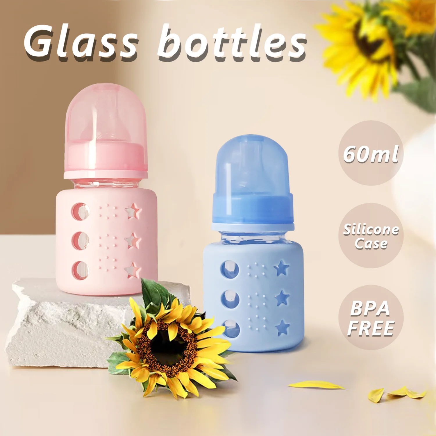 1pcs High appearance 60ML standard caliber newborn glass bottle with hollowed out star shaped silicone protective cover - Image 3