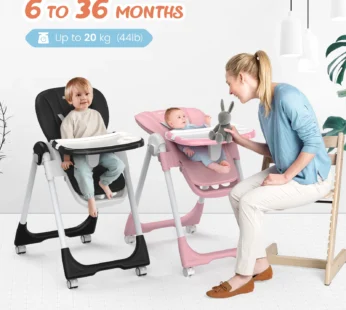 Sejoy Adjustable Baby High Chair with 5-Point Harness 3-Tier Tray & Wheels CE/CPC Certified Children’s Dining Chair