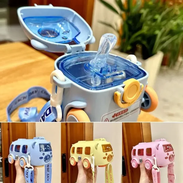 500ml Cartoon Bus Straw Mug Cute Large Capacity Outdoor Car Mug Children Drinking Stretch Straw Water Bottle