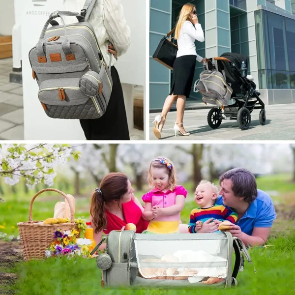 3 In 1 Diaper Bag Backpack Foldable Baby Bed Waterproof Travel Bag with USB Charge Diaper Bag Backpack with Changing Bed 3 types - Image 6