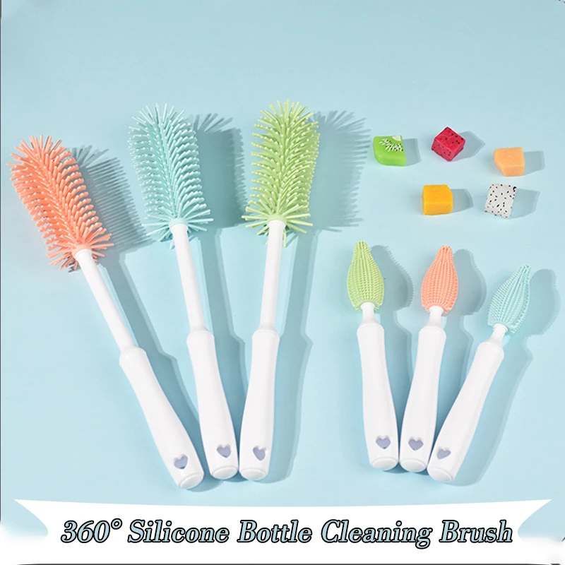Silicone Bottle Cleaning Brush Baby Pacifier Straw Scrubber Big&Small Brush 360° Glass Cup Washing Kitchen Cleaning Tool Set