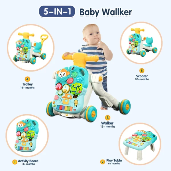 AnGku Versatile 5-in-1 Design Baby Walker Portable Toddler Trolley with Toys 6-12 Months Sit-to-Stand Learning Walker - Image 2